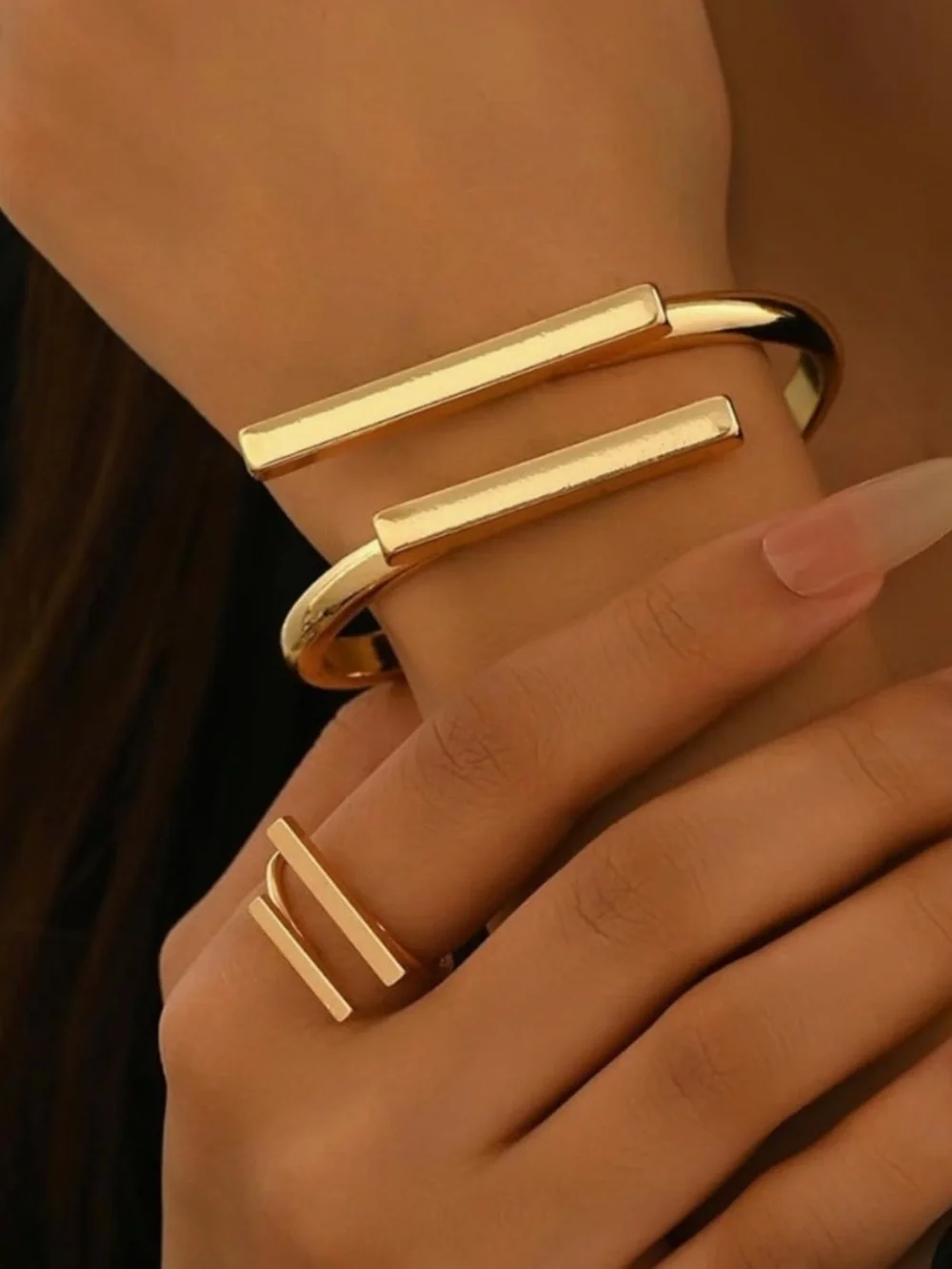 Gold Bar Cuff Bracelet and Ring Set